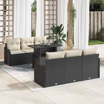 ARDEBO.de - 7-teiliges Garten Sofa Set mit Kissen Schwarz Poly Rattan, 2-Sitzer Garten Sofa mit Kissen Schwarz Poly Rattan