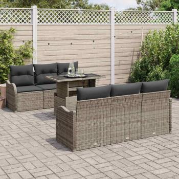 7-teiliges Garten-Sofa-Set mit Kissen Grau Poly-Rattan, 2-Sitzer Garten-Sofa mit Kissen Grau Poly-Rattan
