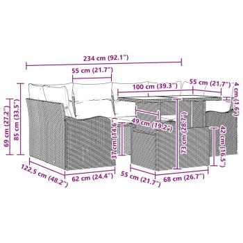 7-teiliges Garten Sofa Set mit Kissen Braun Poly Rattan, 2-Sitzer Garten Sofa mit Kissen Braun Poly Rattan