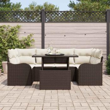 7-teiliges Garten Sofa Set mit Kissen Braun Poly Rattan, 2-Sitzer Garten Sofa mit Kissen Braun Poly Rattan