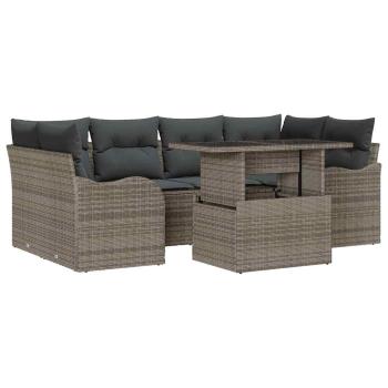 7-teiliges Garten Sofa Set mit Kissen Grau Poly Rattan, 2-Sitzer Garten Sofa mit Kissen Grau Poly Rattan