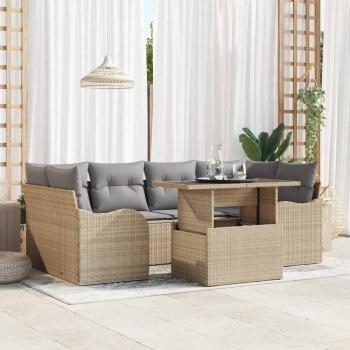ARDEBO.de - 7-teiliges Garten Sofa Set mit Kissen Beige Poly Rattan, 2-Sitzer Garten Sofa mit Kissen Beige Poly Rattan