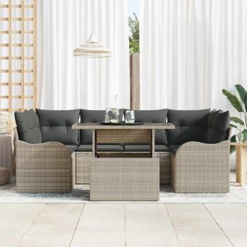7-teilige Garten Sofa Set mit Kissen Hellgrau Poly Rattan, 2-Sitzer Garten Sofa mit Kissen Hellgrau Poly Rattan