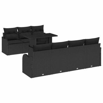 8-teiliges Garten Sofa Set mit Kissen Schwarz Poly Rattan, 2-Sitzer Garten Sofa mit Kissen Schwarz Poly Rattan