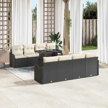 9-teilige Garten Sofa Set mit Kissen in Schwarz Poly Rattan, 2-Sitzer Garten Sofa mit Kissen in Schwarz Poly Rattan