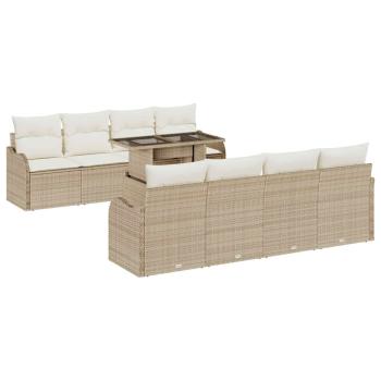 9-teiliges Garten Sofa Set mit Kissen Beige Poly Rattan, 2-Sitzer Garten Sofa mit Kissen Beige Poly Rattan