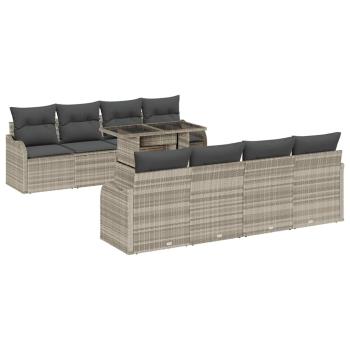 9-teiliges Garten Sofa Set mit Kissen in hellem Grauen Poly Rattan, 2-Sitzer Garten Sofa mit Kissen in hellem Grauen Poly Rattan