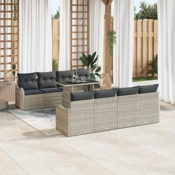 9-teiliges Garten Sofa Set mit Kissen in hellem Grauen Poly Rattan, 2-Sitzer Garten Sofa mit Kissen in hellem Grauen Poly Rattan