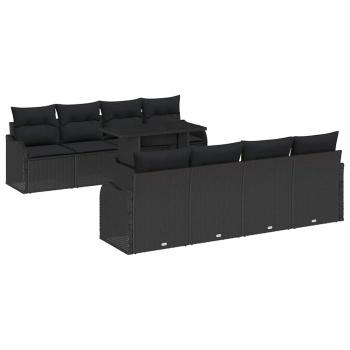 9-teiliges Garten Sofa Set mit Kissen Schwarz Poly Rattan, 2-Sitzer Garten Sofa mit Kissen Schwarz Poly Rattan
