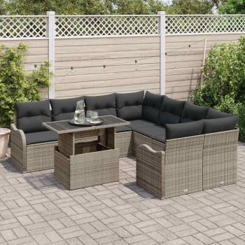 9-teiliges Garten Sofa Set mit Kissen Grau Poly Rattan, 2-Sitzer Garten Sofa mit Kissen Grau Poly Rattan