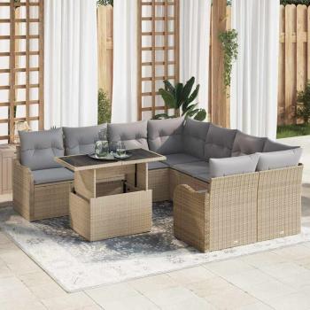 ARDEBO.de - 9-teiliges Garten Sofa Set mit Kissen Beige Poly Rattan, 2-Sitzer Garten Sofa mit Kissen Beige Poly Rattan