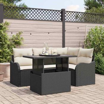ARDEBO.de - 5-teiliges Garten Sofa Set mit Kissen Schwarz Poly Rattan, 2-Sitzer Garten Sofa mit Kissen Schwarz Poly Rattan
