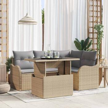 ARDEBO.de - 5-teiliges Garten-Sofa-Set mit Kissen Beiges Poly Rattan, 2-Sitzer Garten-Sofa mit Kissen Beiges Poly Rattan