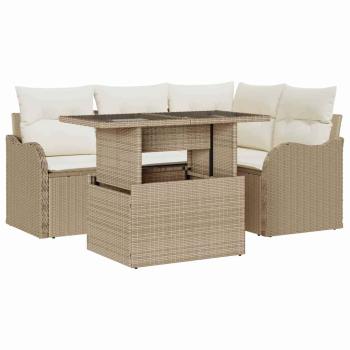 5-teiliges Garten Sofa Set mit Kissen Beige Poly Rattan, 2-Sitzer Garten Sofa mit Kissen Beige Poly Rattan