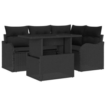 5-teiliges Garten-Sofa-Set mit Kissen aus schwarzem Poly-Rattan, 2-Sitzer Garten-Sofa mit Kissen aus schwarzem Poly-Rattan