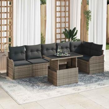 ARDEBO.de - 7-teiliges Garten Sofa Set mit Kissen Grau Poly Rattan, 2-Sitzer Garten Sofa mit Kissen Grau Poly Rattan