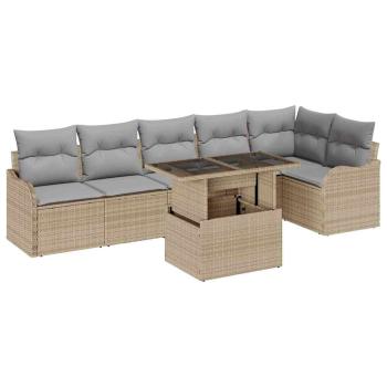 7-Teiliges Garten Sofa Set mit Kissen Beige Poly Rattan, 2-Sitzer Garten Sofa mit Kissen Beige Poly Rattan