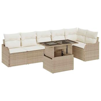 7-teiliges Garten Sofa Set mit Kissen Beige Poly Rattan, 2-Sitzer Garten Sofa mit Kissen Beige Poly Rattan