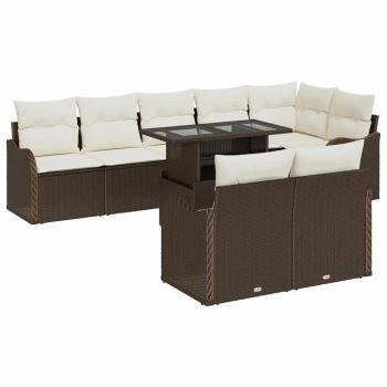 9-teiliges Garten Sofa Set mit Kissen Braun Poly Rattan, 2-Sitzer Garten Sofa mit Kissen Braun Poly Rattan
