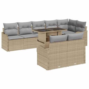 9-teiliges Garten-Sofa-Set mit Kissen Beige Poly Rattan, 2-Sitzer-Garten-Sofa mit Kissen Beige Poly Rattan