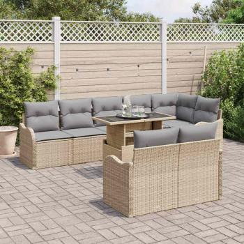 9-teiliges Garten-Sofa-Set mit Kissen Beige Poly Rattan, 2-Sitzer-Garten-Sofa mit Kissen Beige Poly Rattan