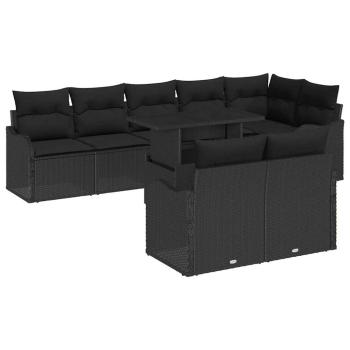 9-teiliges Garten-Sofa-Set mit Kissen Schwarz Poly-Rattan, 2-Personen Garten-Sofa mit Kissen Schwarz Poly-Rattan