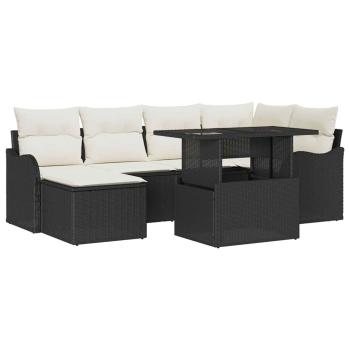 7-teiliges Garten Sofa Set mit Kissen aus schwarzem Poly Rattan, 2-Sitzer Garten Sofa mit Kissen aus schwarzem Poly Rattan