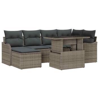 7-teiliges Garten Sofa Set mit Kissen in Grau Poly Rattan, 2-Sitzer Garten Sofa mit Kissen in Grau Poly Rattan