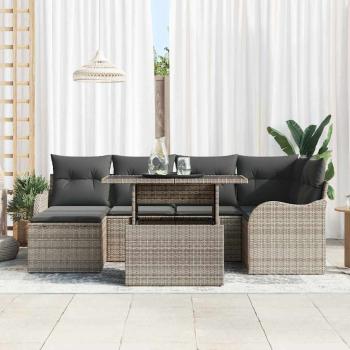 7-teiliges Garten Sofa Set mit Kissen in Grau Poly Rattan, 2-Sitzer Garten Sofa mit Kissen in Grau Poly Rattan
