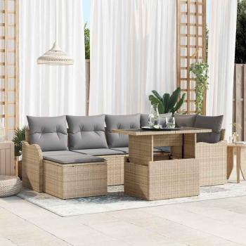ARDEBO.de - 7-teiliges Garten Sofa Set mit Kissen aus beigem Poly Rattan, 2-Sitzer Garten Sofa mit Kissen aus beigem Poly Rattan