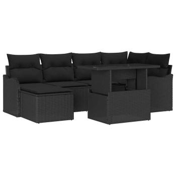7-teiliger Garten-Sofa-Set mit Kissen Schwarz Poly-Rattan, 2-Sitzer Garten-Sofa mit Kissen Schwarz Poly-Rattan