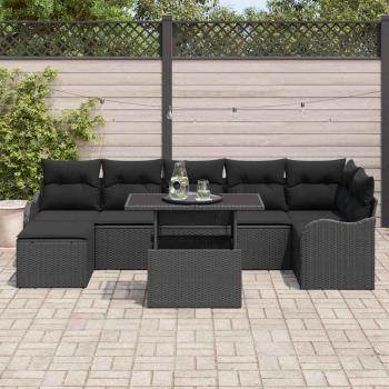 8-teiliges Garten Sofa Set mit Kissen Schwarz Poly Rattan, 2-Sitzer Garten Sofa mit Kissen Schwarz Poly Rattan