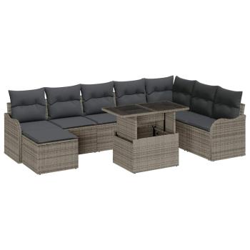 9-teiliges Garten Sofaset mit Kissen Grau Poly Rattan, 2-Sitzer Garten Sofa mit Kissen Grau Poly Rattan