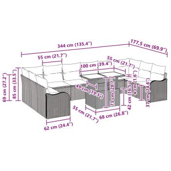 11-teiliges Garten Sofa Set mit Kissen Braun Poly Rattan, 2-Sitzer Garten Sofa mit Kissen Braun Poly Rattan