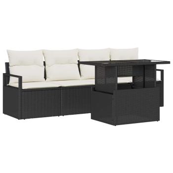 5-teiliges Garten Sofa Set mit Kissen Schwarz Poly Rattan, 2-Sitzer Garten Sofa mit Kissen Schwarz Poly Rattan