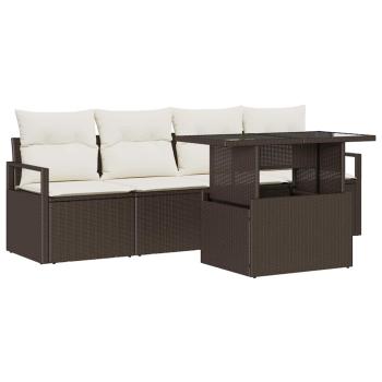 5-teiliges Garten-Sofa-Set mit Kissen Braun Poly-Rattan, 2-Sitzer Garten-Sofa mit Kissen Braun Poly-Rattan
