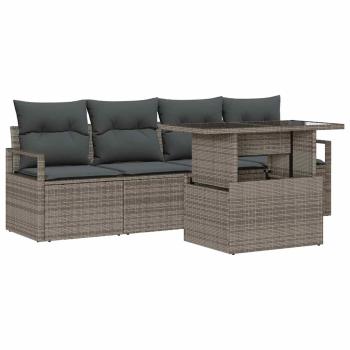 5-teiliges Garten Sofa Set mit Kissen Grau Poly Rattan, 2-Sitzer Garten Sofa mit Kissen Grau Poly Rattan