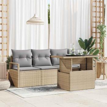 ARDEBO.de - 5-teiliges Garten-Sofa-Set mit Kissen Beige Poly-Rattan, 2-Sitzer Garten-Sofa mit Kissen Beige Poly-Rattan