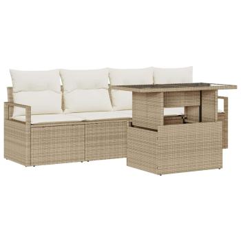 5-teiliges Garten-Sofa-Set mit Kissen Beige Poly-Rattan, 2-Sitzer Garten-Sofa mit Kissen Beige Poly-Rattan