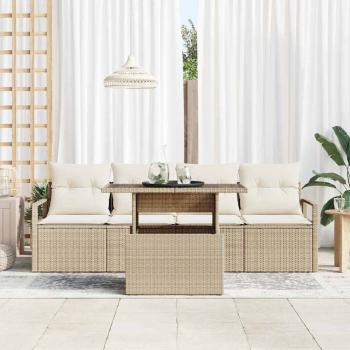 5-teiliges Garten-Sofa-Set mit Kissen Beige Poly-Rattan, 2-Sitzer Garten-Sofa mit Kissen Beige Poly-Rattan