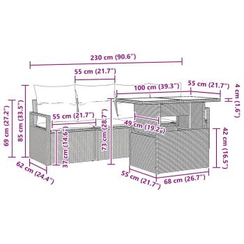 5-teiliges Garten-Sofa-Set mit Kissen, Schwarz Poly-Rattan, 2-Sitzer Garten-Sofa mit Kissen, Schwarz Poly-Rattan