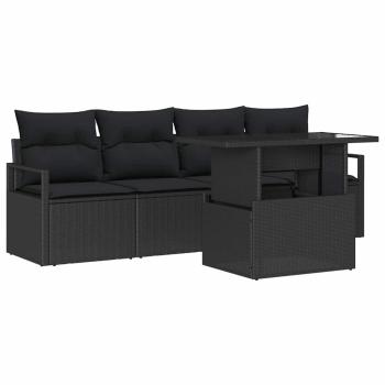 5-teiliges Garten-Sofa-Set mit Kissen, Schwarz Poly-Rattan, 2-Sitzer Garten-Sofa mit Kissen, Schwarz Poly-Rattan