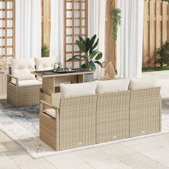 ARDEBO.de - 6-teiliges Garten-Sofa-Set mit Kissen Beige Poly Rattan, 2-Sitzer Garten-Sofa mit Kissen Beige Poly Rattan
