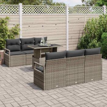 7-teiliges Garten Sofa Set mit Kissen Grau Poly Rattan, 2-Sitzer Garten Sofa mit Kissen Grau Poly Rattan