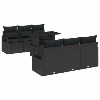 7-teiliges Garten Sofa Set mit Kissen Schwarz Poly Rattan, 2-Sitzer Garten Sofa mit Kissen Schwarz Poly Rattan