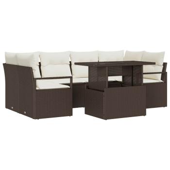 7-teiliges Garten-Sofa-Set mit Kissen in Braun aus Poly Rattan, 2-Sitzer Garten-Sofa mit Kissen in Braun aus Poly Rattan