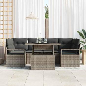 7-teiliges Garten Sofa Set mit Kissen Grau Poly Rattan, 2-Sitzer Garten Sofa mit Kissen Grau Poly Rattan