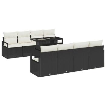 9-teiliges Garten Sofa Set mit Kissen Schwarz Poly Rattan, 2-Sitzer Garten Sofa mit Kissen Schwarz Poly Rattan