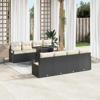 9-teiliges Garten Sofa Set mit Kissen Schwarz Poly Rattan, 2-Sitzer Garten Sofa mit Kissen Schwarz Poly Rattan