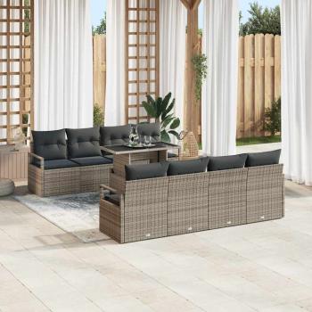 9-Teiliges Garten Sofa Set mit Kissen Grau Poly Rattan, 2-Sitzer Garten Sofa mit Kissen Grau Poly Rattan